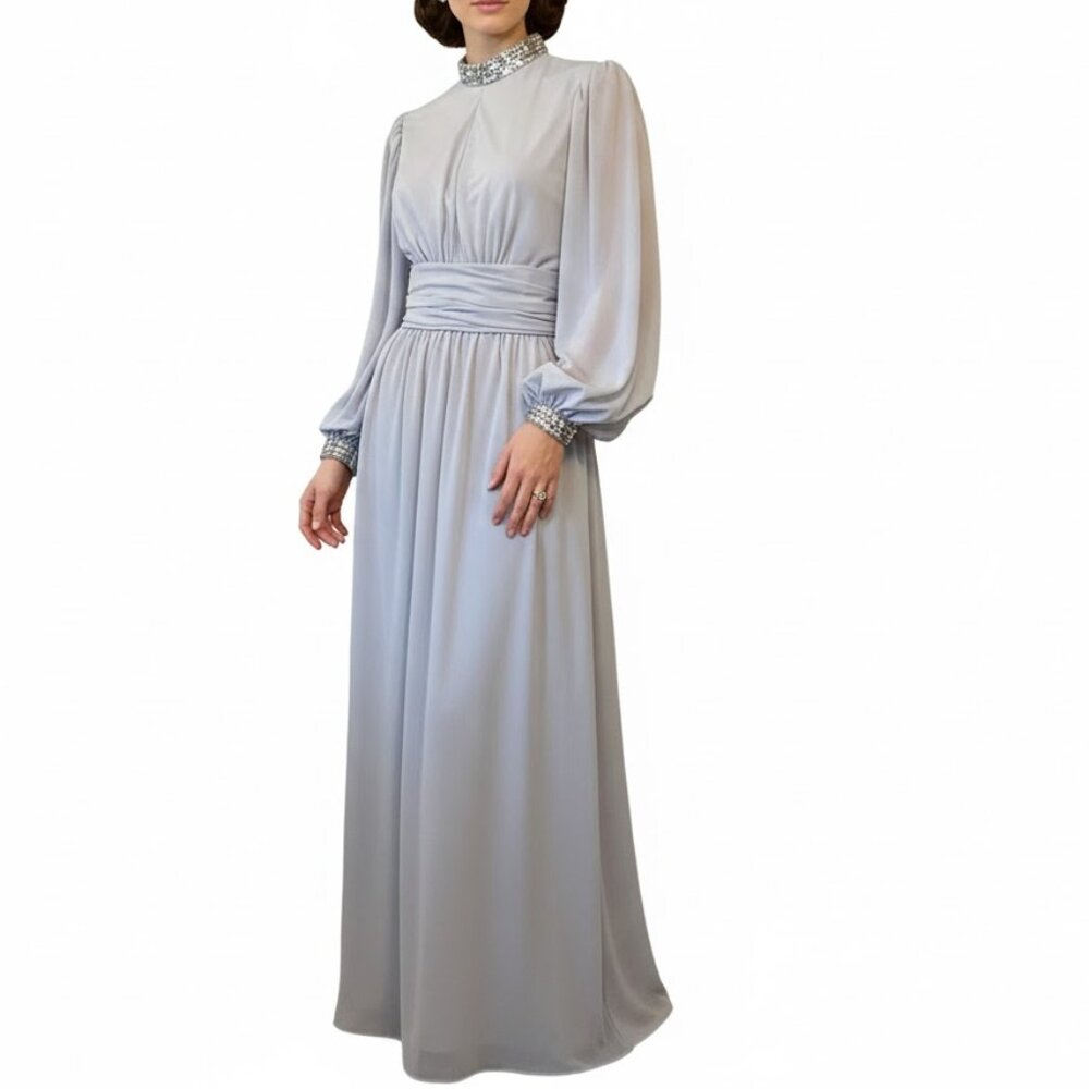 VTG 60s 70s Gray Sequin Maxi Dress High Neck Bishop Sleeve Union Made Small